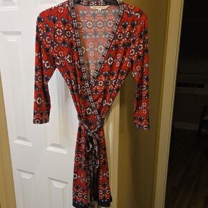 Red Patterned Wrap Dress - Women's Stylish V-Neck